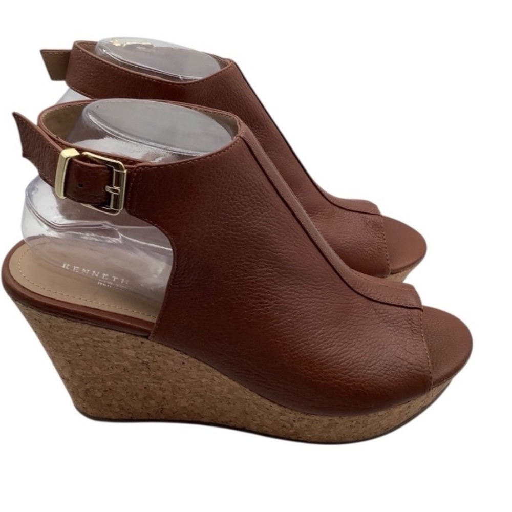 Kenneth Cole Sammy Womens 7.5 Brown Leather Peep‎ Toe Cork Wedge Sandals 4 Inch